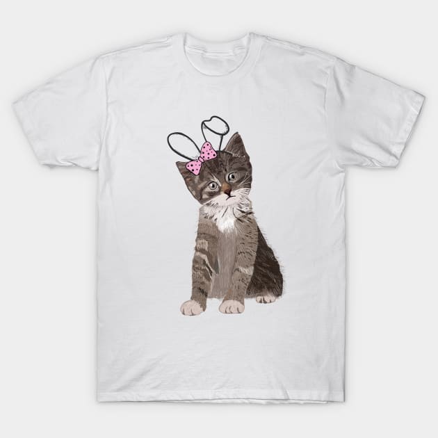 Cute hand drawn cat with easter bunny ear and pink ribbon T-Shirt by GULSENGUNEL